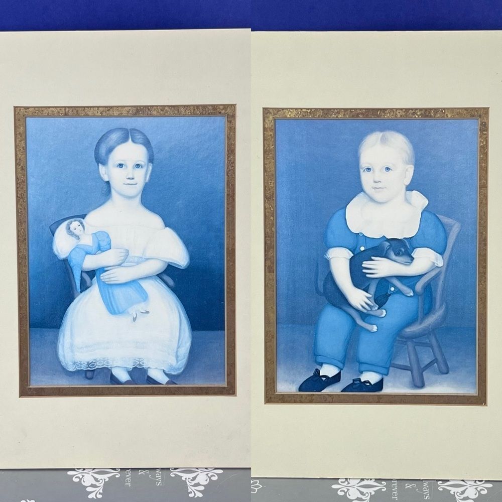 Vintage Folk Art Portrait Prints Pair Deborah Elijah Thompson Circa 1838 unframe